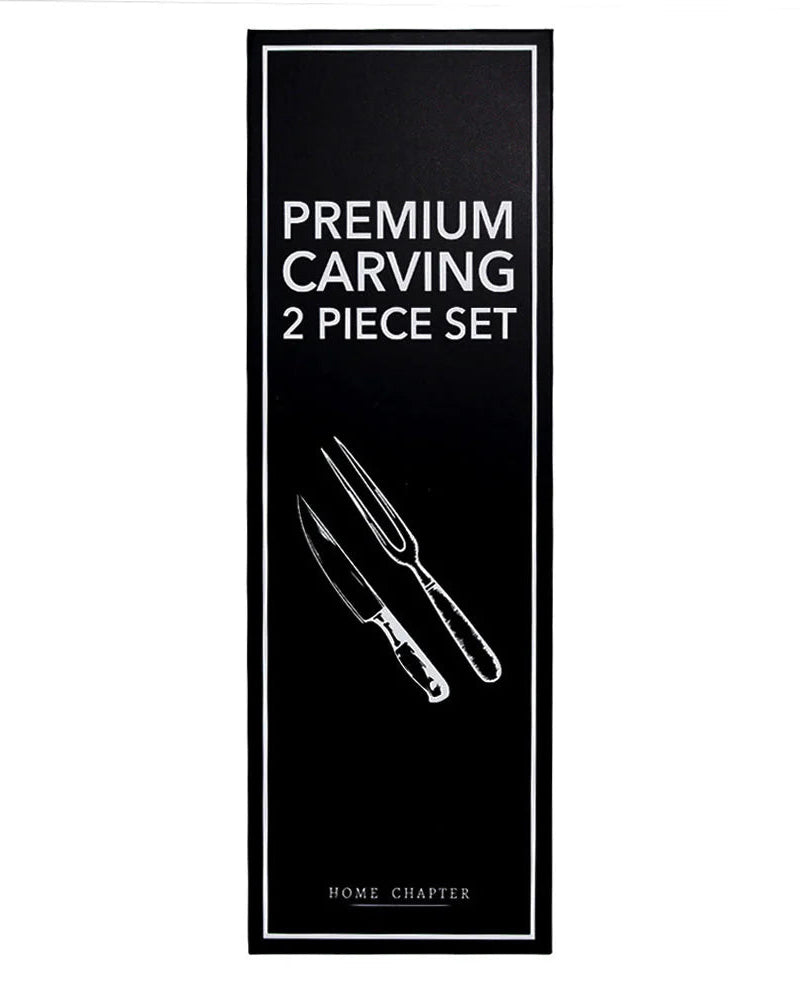 Black card with white text and knife illustrations, labeled 'Premium Carving 2 Piece Set'.