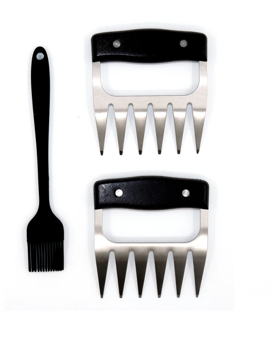 Set of three metal tools with black handles on a white background