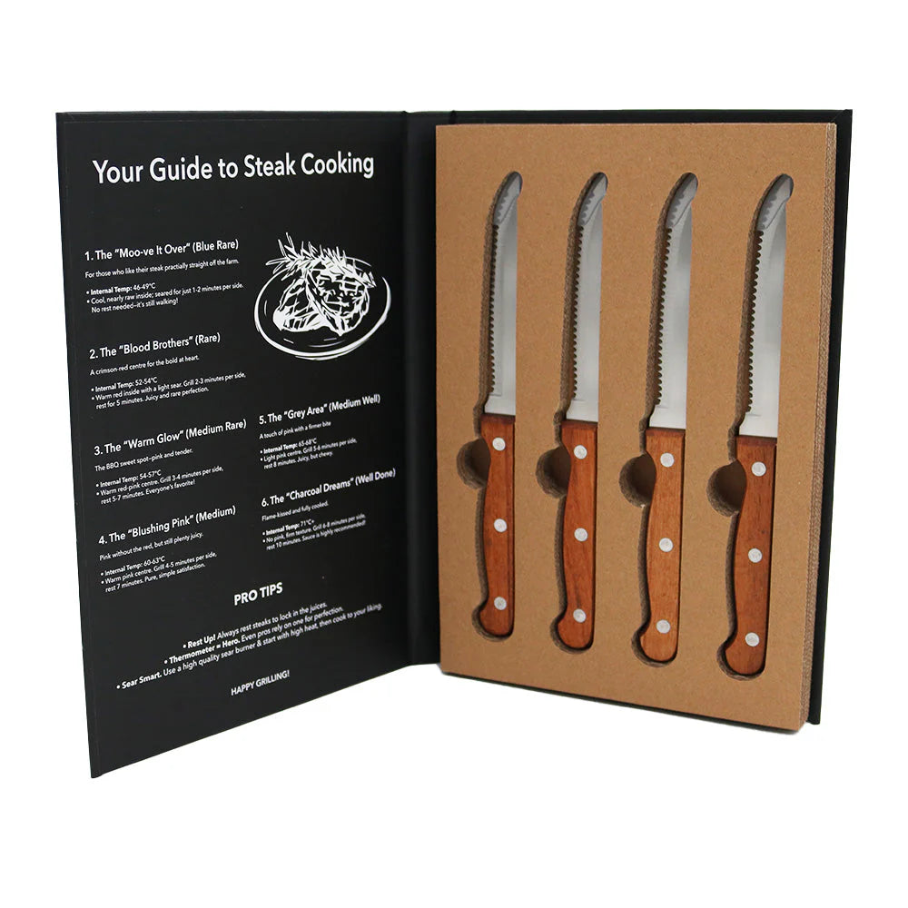 Set of steak knives with a guide to steak cooking on the left side.