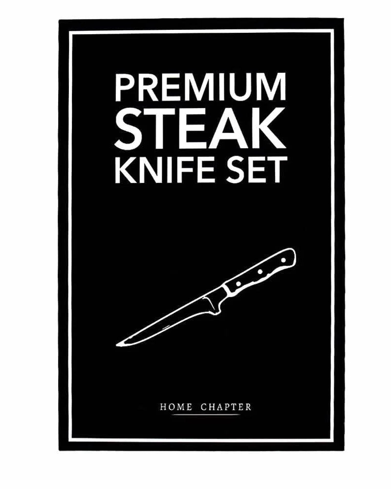 Premium Steak Knife Set packaging with a knife illustration on a black background