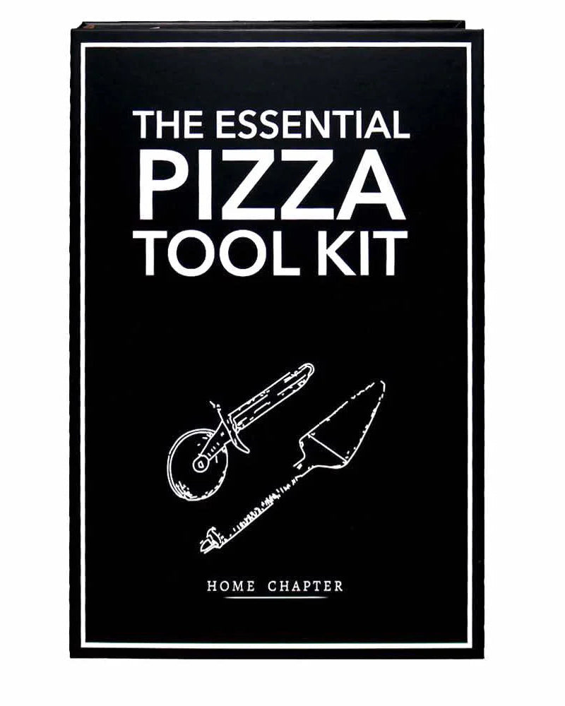 Black book titled 'The Essential Pizza Tool Kit' with illustrations of pizza tools on a white background.