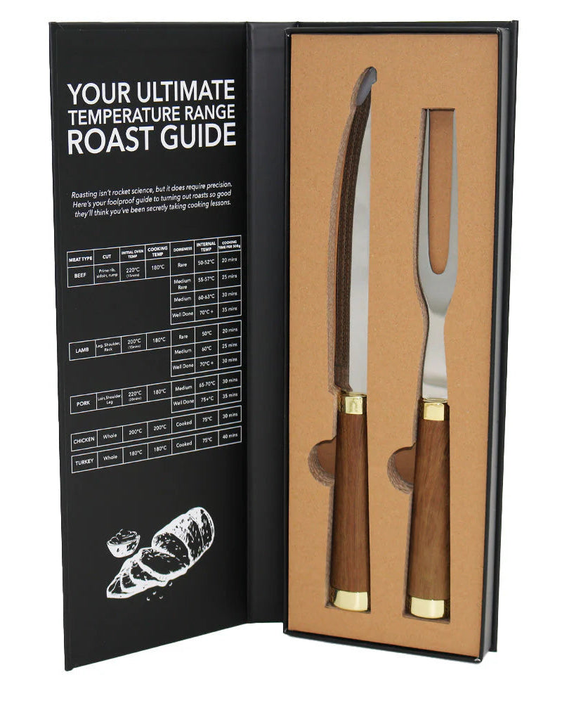 Set of two wooden-handled carving utensils in a box with a temperature guide on the side.