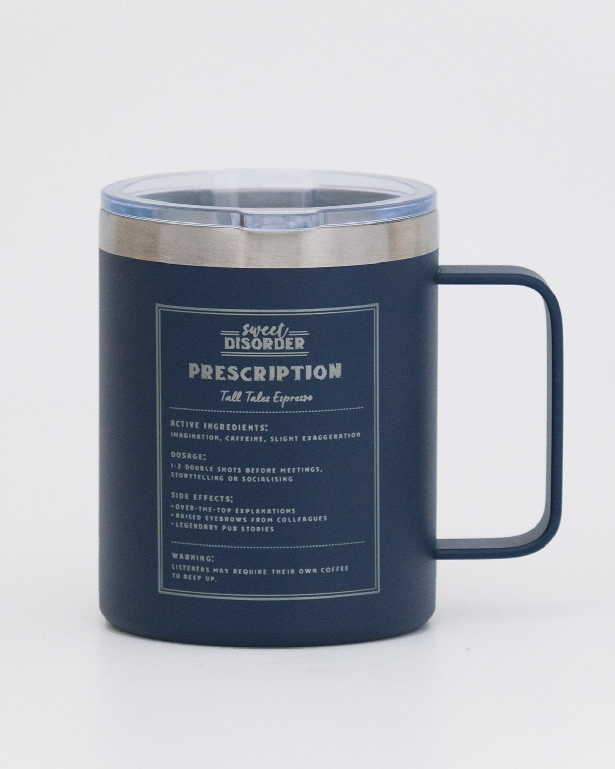 Navy blue mug with text on a white background