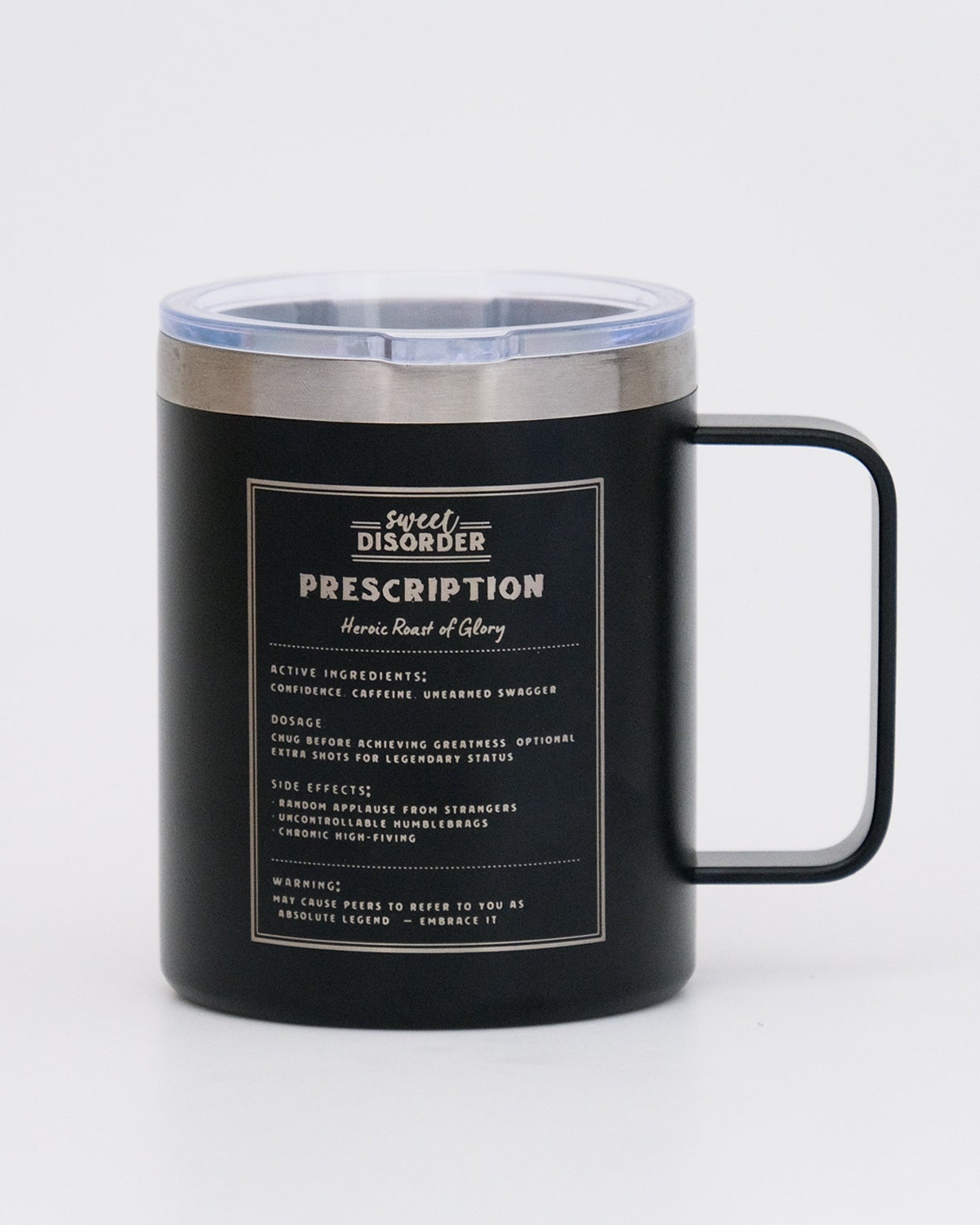 Black insulated mug with text on a white background