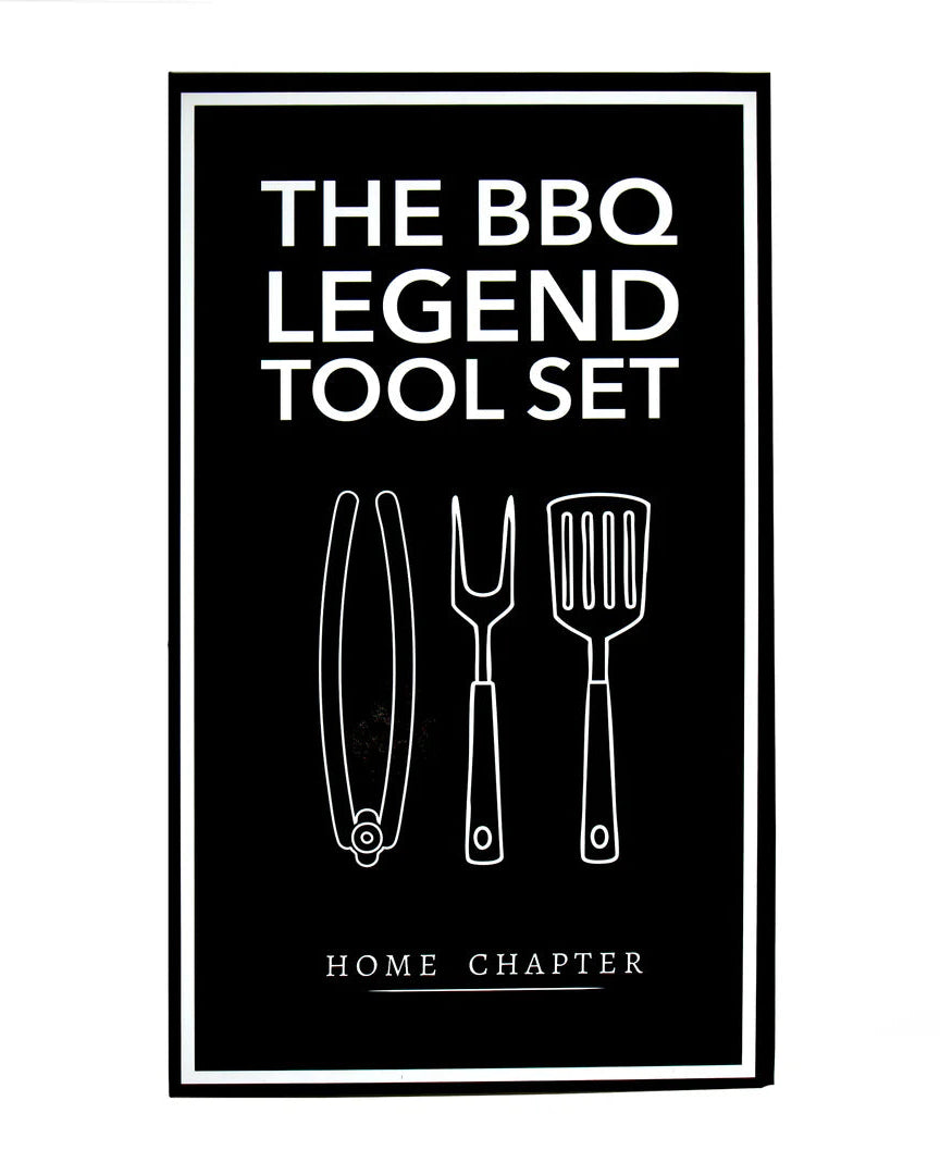 Black poster with white text and BBQ tool illustrations on a white background